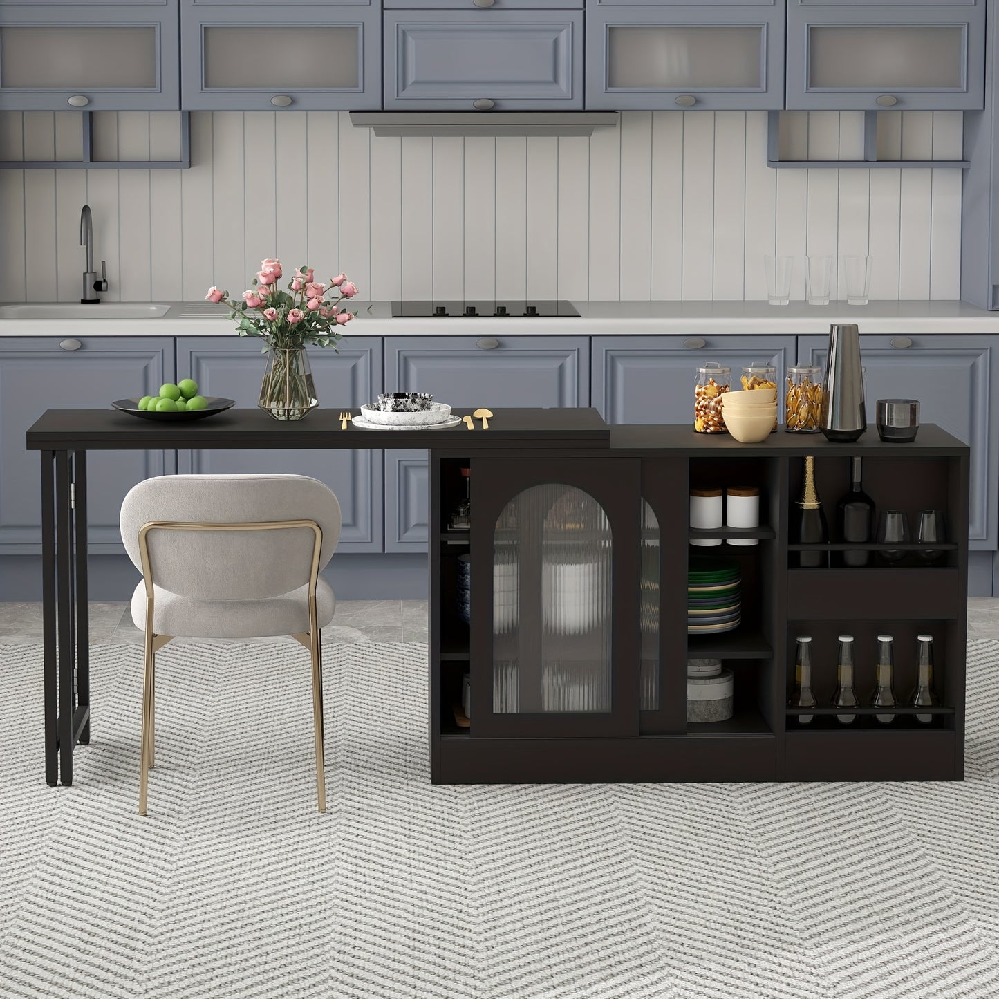 Draaibare Bartafel – Barmeubel – Eettafel – Opbergkast – Keukentafel – 360° Draaibaar – Uitschuifbaar Blad – Wit – Metalen Frame – Glazen Deuren