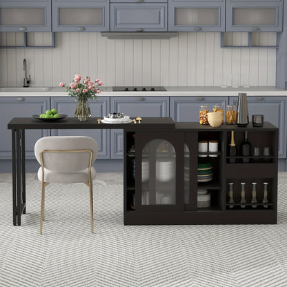 Draaibare Bartafel – Barmeubel – Eettafel – Opbergkast – Keukentafel – 360° Draaibaar – Uitschuifbaar Blad – Wit – Metalen Frame – Glazen Deuren