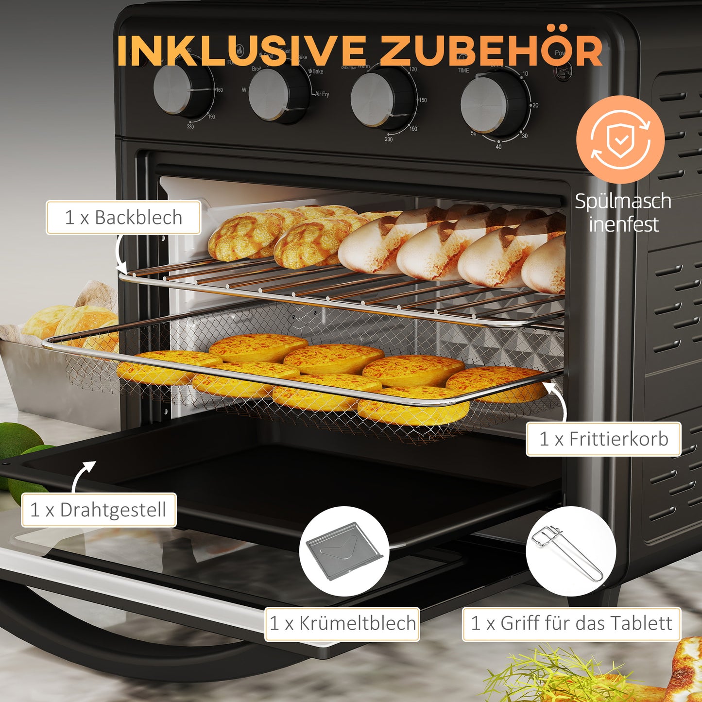 Mini Oven – Airfryer – Heteluchtoven – Tafeloven – Elektrische Oven – Zwart – 7 Kookprogramma’s – Temperatuur 90-230°C