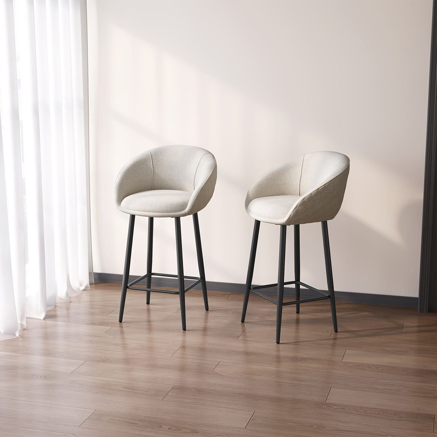 Barkrukken – Barkruk Set – Barstoel – Keukenkruk – Counterkruk – Set Van 2 – Stevige Constructie – Comfortabele Gevoerde Zitting – Lichtbeige Armlos – Minimalistisch Design