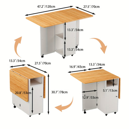 Expandable/Retractable Modern White & Wood Folding Dining Table with Locking Wheels, Storage Shelf & Space-Saving Design - Heavy-Duty Foldable Desk for 4-Person, Apartment, Dorm - /Plywood (120x70x75cm