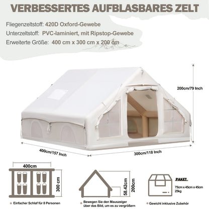 Opblaastent – Opblaasbare Tent – Kampeertent – Familietent – Tunneltent – Ruim Voor 10 Personen – Snelle 5-Minuten Opzet – Duurzaam 420D Oxford Doek & PVC Frame
