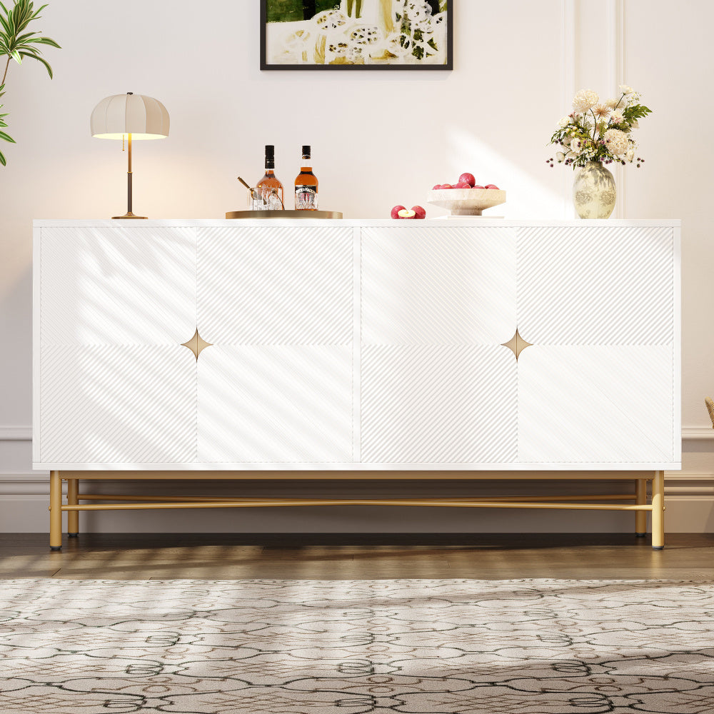 Dressoir – Opbergkast – Kast – Buffetkast – Ladekast – Extra Lang – Vrijstaand – Spaanplaat – Hoogglans Deuren – Gouden Handgrepen – 160 cm Breed – Modern & Rustiek Design – Wit