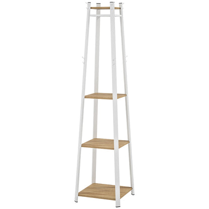 Kapstok – Kledingrek – Garderoberek – Jashenrek – Opberger – Trapeziumvormig Design – 8 Dubbele Haken – 3 Legplanken – Staal Wit Met Eikenkleur