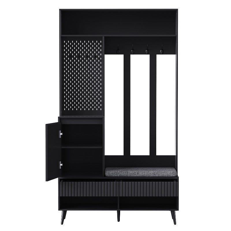 Coat Rack Entryway Hallway Storage Organizer with Shoe Bench 4 Hooks 2 Drawers 1 Door Cabinet for Home Black 100x35x180cm, Shoe Rack with Bench And Coat Hanger