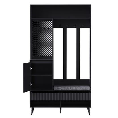 Coat Rack Entryway Hallway Storage Organizer with Shoe Bench 4 Hooks 2 Drawers 1 Door Cabinet for Home Black 100x35x180cm, Shoe Rack with Bench And Coat Hanger