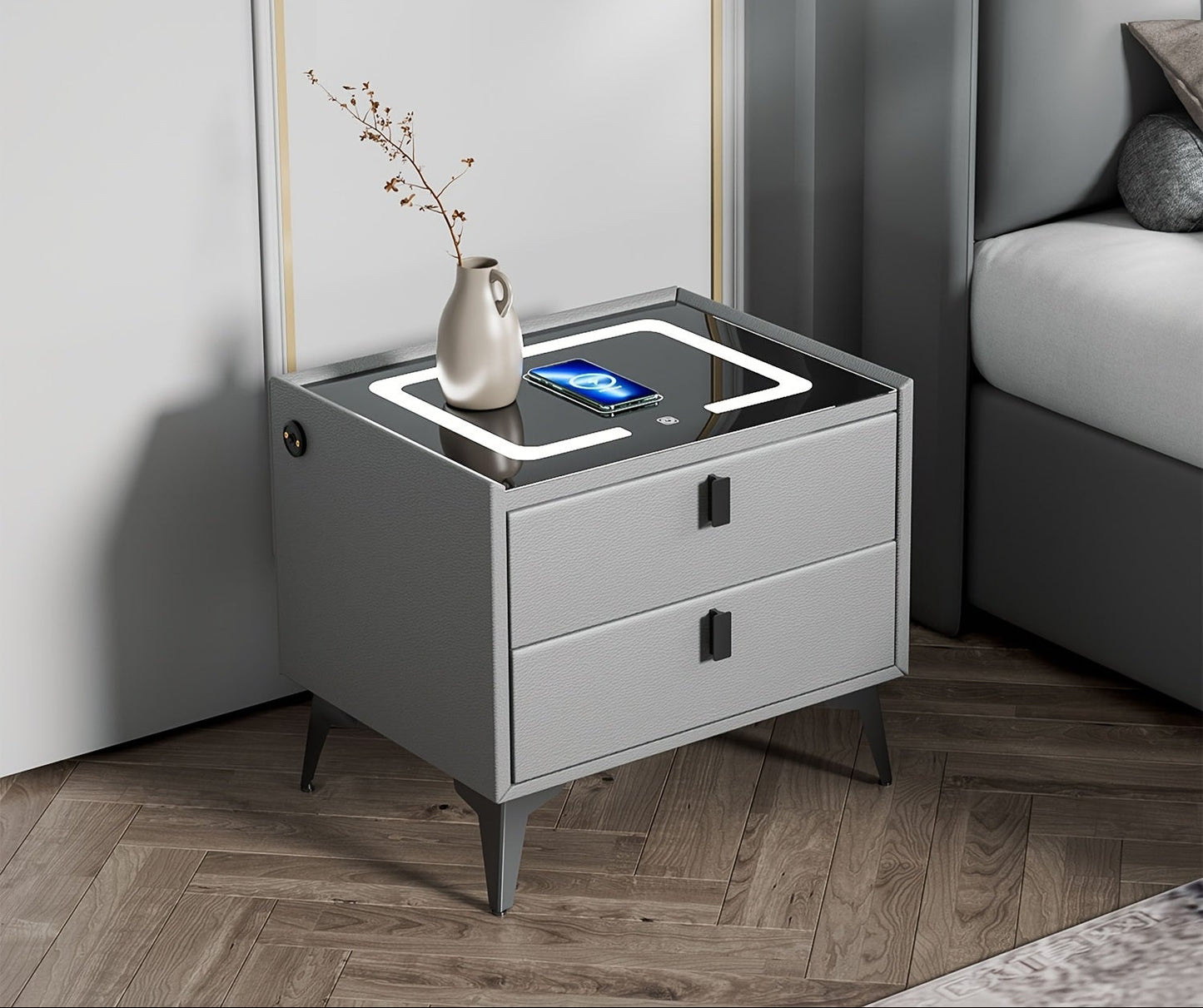 Slimme Nachtkast – Nachtkastje – Bijzettafel – Bedtafel – Opberglade – Draadloos Opladen – Instelbare LED-Verlichting – 2 Lade Model – Metaal & Geharde Glasplaat – Compact & Ruimtebesparend