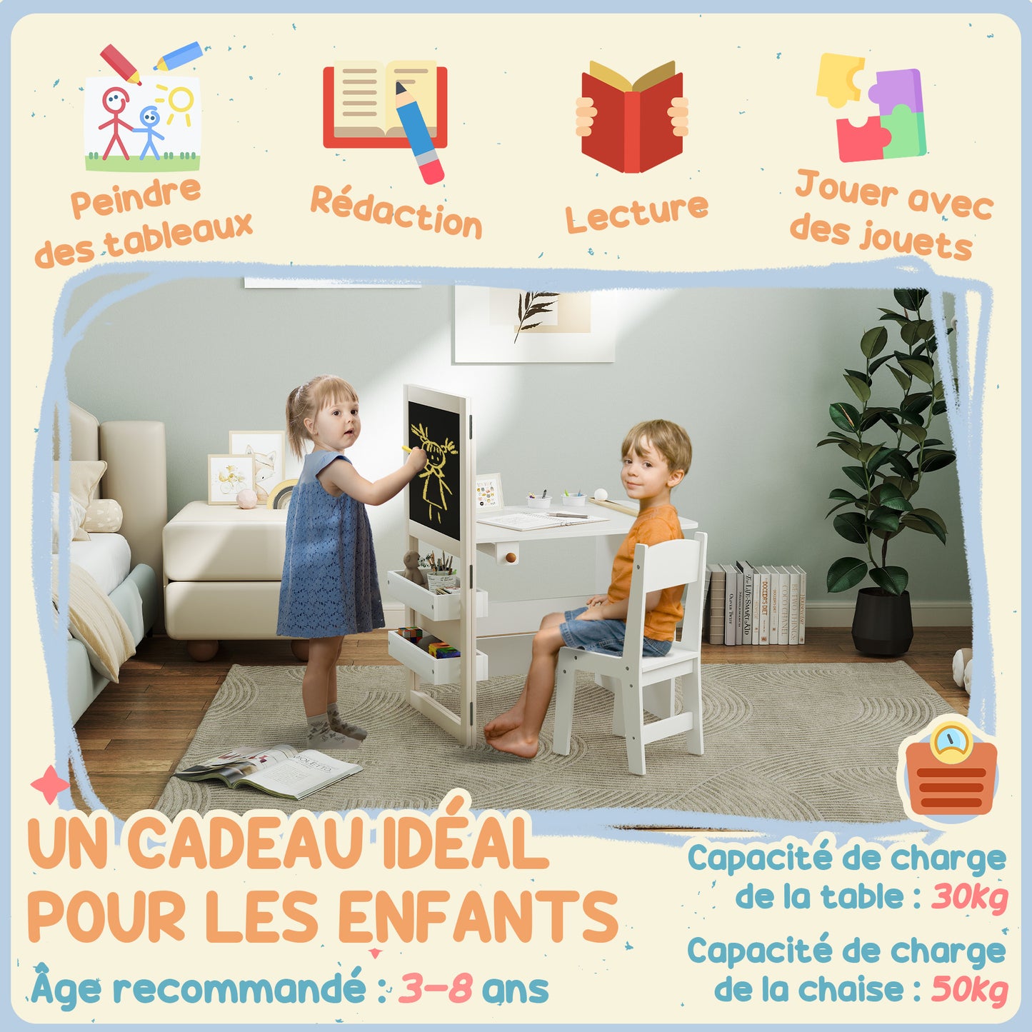Kinderbureau met Stoel – Kindermeubel – Speeltafel – Tekenbureau – Kindertafel – 3-in-1 Design – Inklapbaar Krijtbord – Ruime Opbergruimte – MDF Wit – Voor 3 tot 8 Jaar