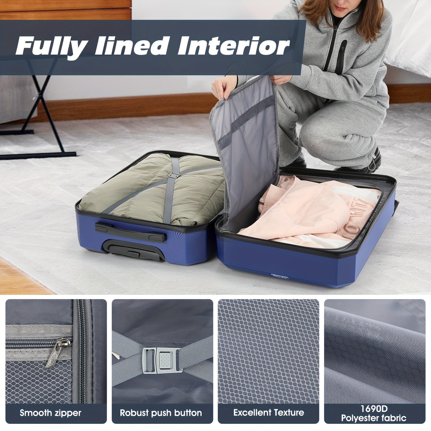 Luggage Set of 4 -12"/20"/24"/28" Expandable Suitcases, Upgraded Zipper, Durable ABS Hard Shell, Blue