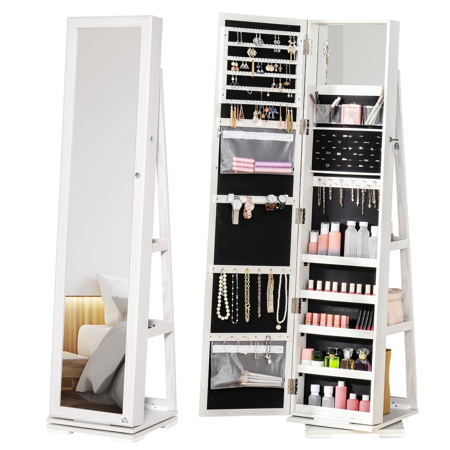 Sieradendoos – Sieradenkast – Sieradenbox – Jewelry Organizer – Draaibare Opbergdoos – Inclusief Spiegel – Afsluitbaar Met Slot – Lichtgrijs MDF