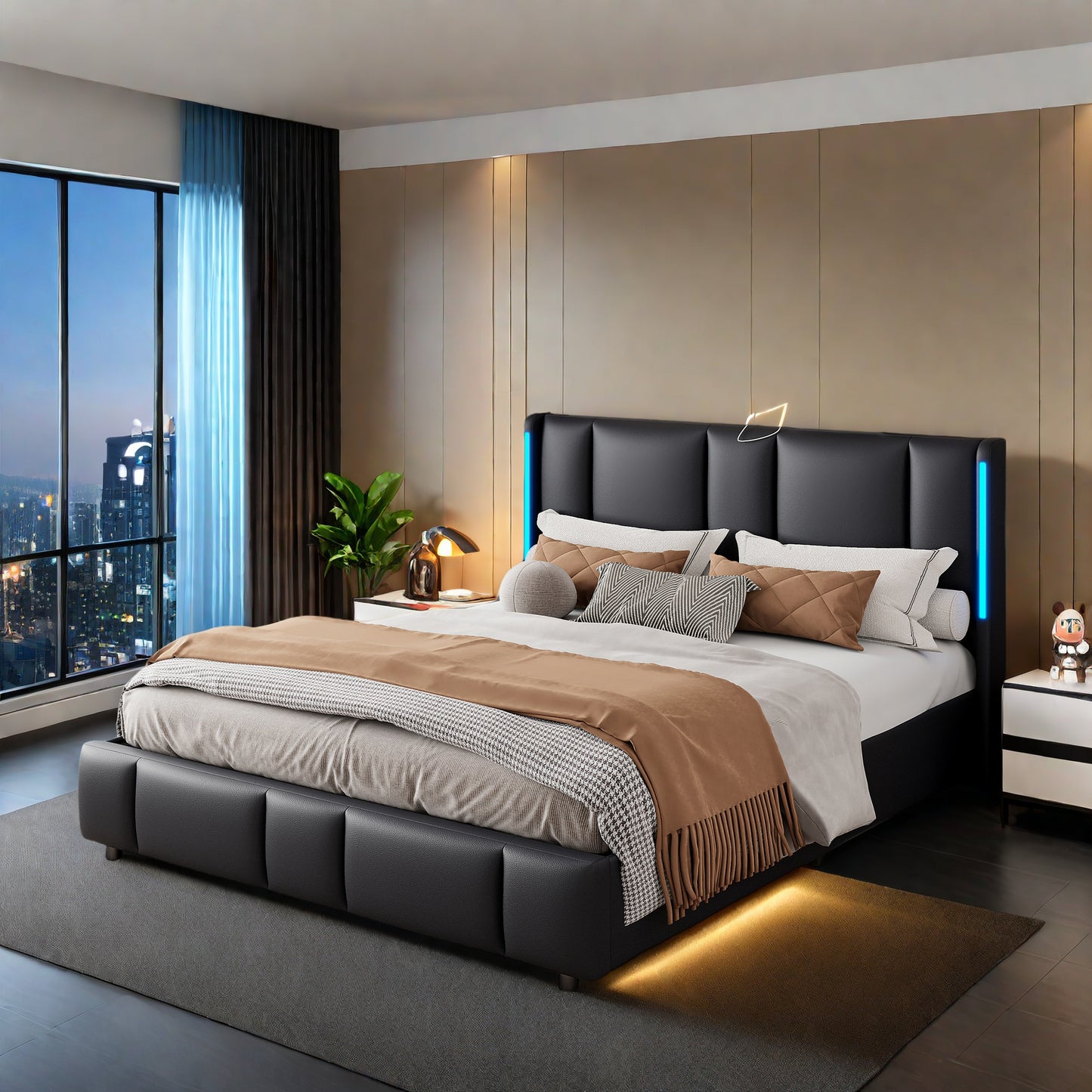 Dubbel Opbergbed – Opbergbed Met LED Verlichting – Bed Met Gasdrukveren – Bed Met USB Oplader – Stijlvol Slaapbed – 140x200 cm – PU Kunstleer Hoofdbord – Metalen Frame