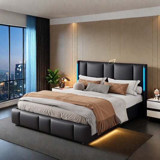 Dubbel Opbergbed – Opbergbed Met LED Verlichting – Bed Met Gasdrukveren – Bed Met USB Oplader – Stijlvol Slaapbed – 140x200 cm – PU Kunstleer Hoofdbord – Metalen Frame