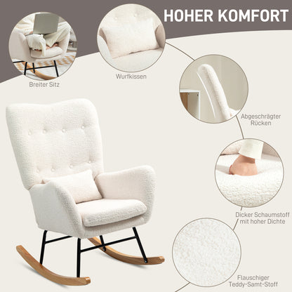 Schommelstoel – Schommelstoel Met Bekleding – Relaxstoel – Wiegstoel – Loungestoel – Crème Wit – Dikke Comfortabele Vulling – Inclusief Lendenkussen