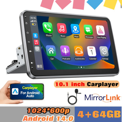 Autostereo – Car Radio – Multimedia Speler – Navigatiesysteem – Single DIN Stereo – 10,1 Inch Draaibaar Scherm – Android 14.0 – Wireless Carplay & Android Auto