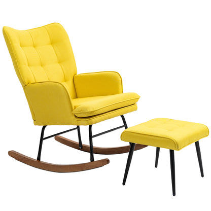 Draaifauteuil – Fauteuil – Relaxstoel – Stoel Met Voetenbankje – Loungefauteuil – Scandinavisch Design – Beukenhouten Frame – 360 Graden Draaibaar – Geel – 64x89x90 cm