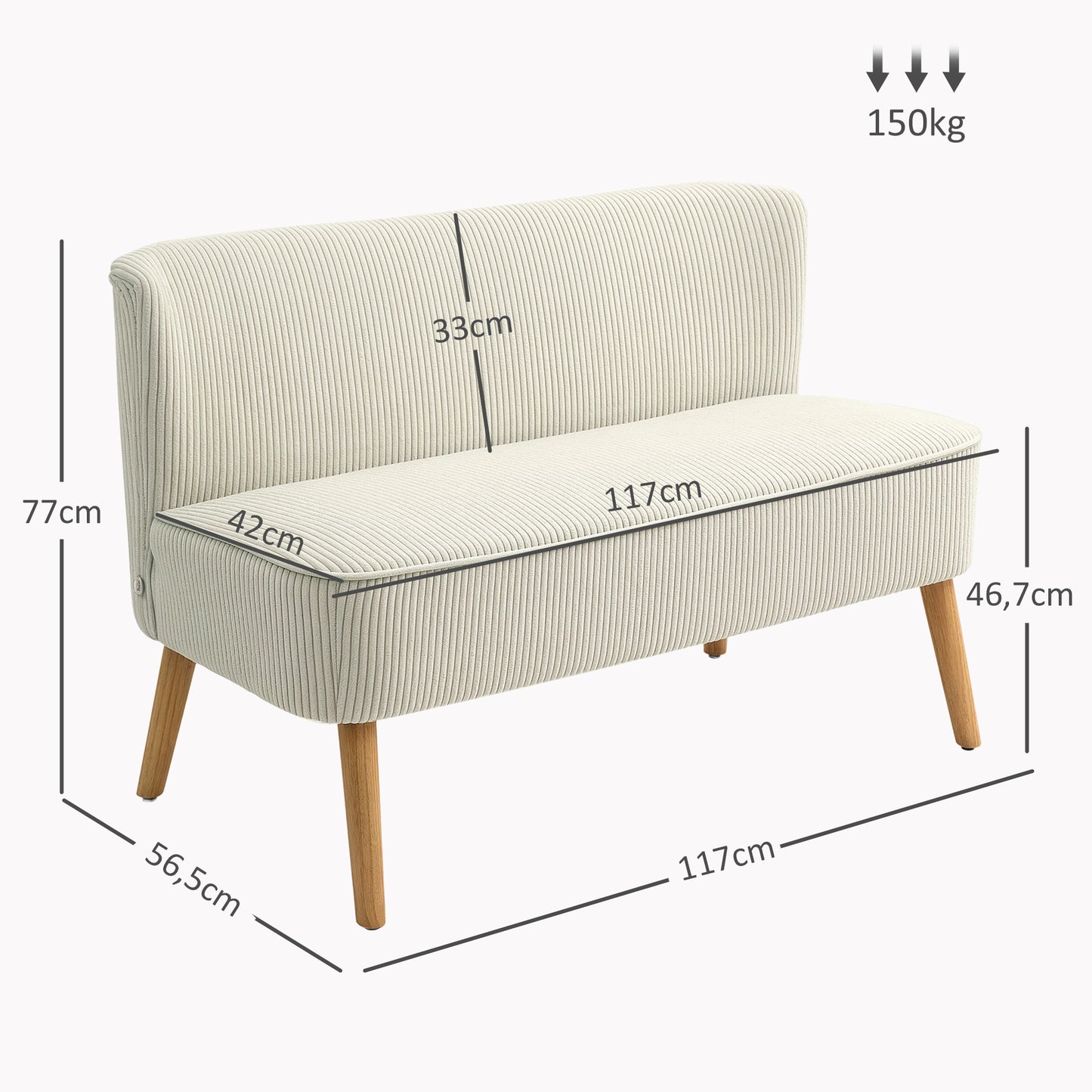 2-zits bank – tweezits sofa – loveseat – zitbank – kleine bank – zonder armleuningen – crème wit – gestoffeerd met cord stof – compacte loungebank – houten poten – 117x56,5x77 cm