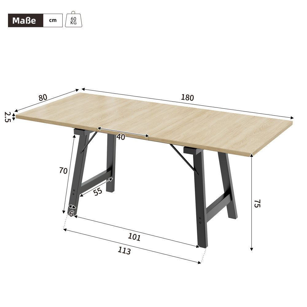 Wooden Telescopic Dining Table 140*180*80Cm, Telescopic Length Up to 180 Cm, Dining Table in Natural Color, Modern, Simple Style, High Strength Alloy Support, Suitable for 4-6 People