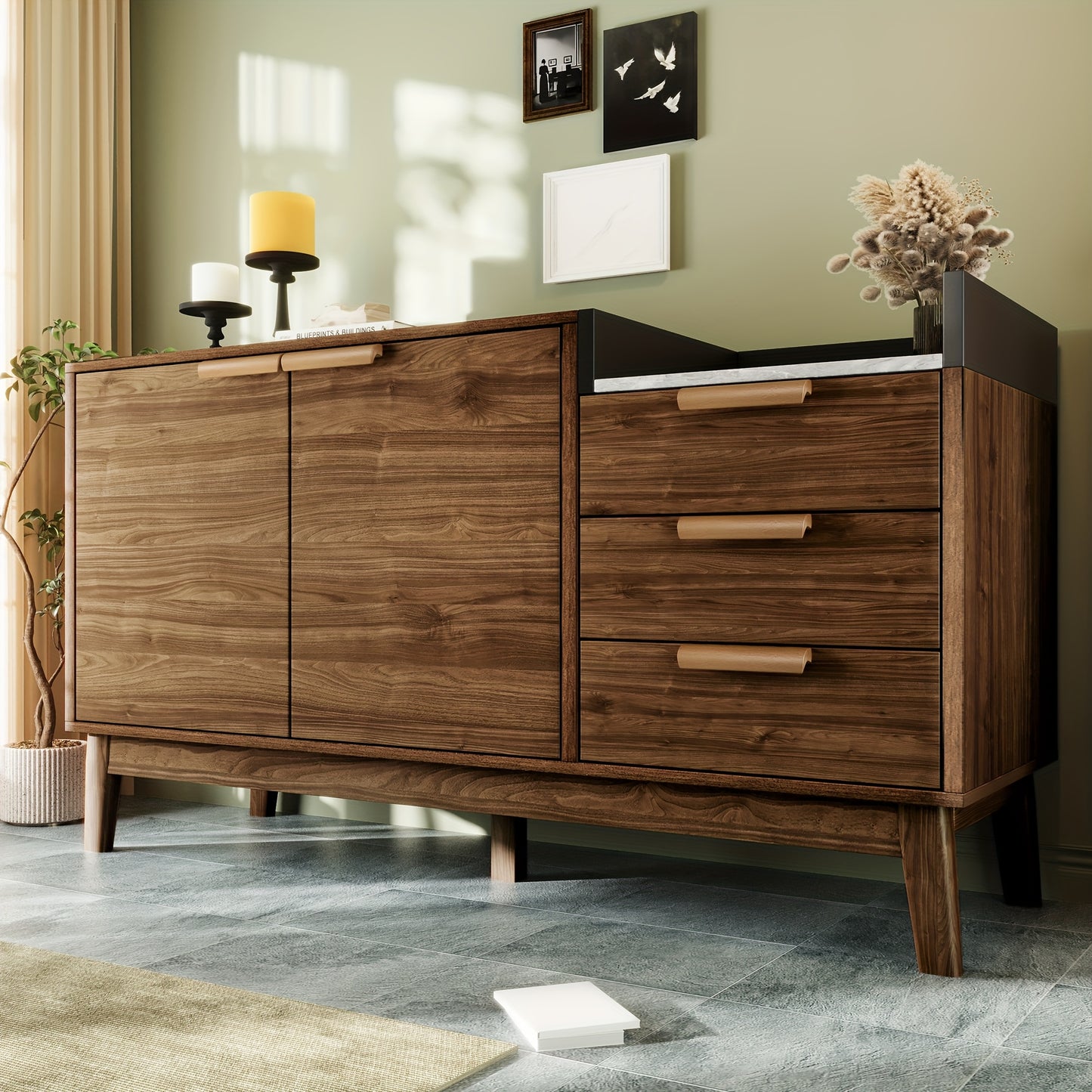 Opbergkast – Kast – Opbergmeubel – Dressoir – Kastje – Modern Klassiek – Bamboe Met Marmerlook Blad – Vrijstaand Ruimtebesparend Bruin
