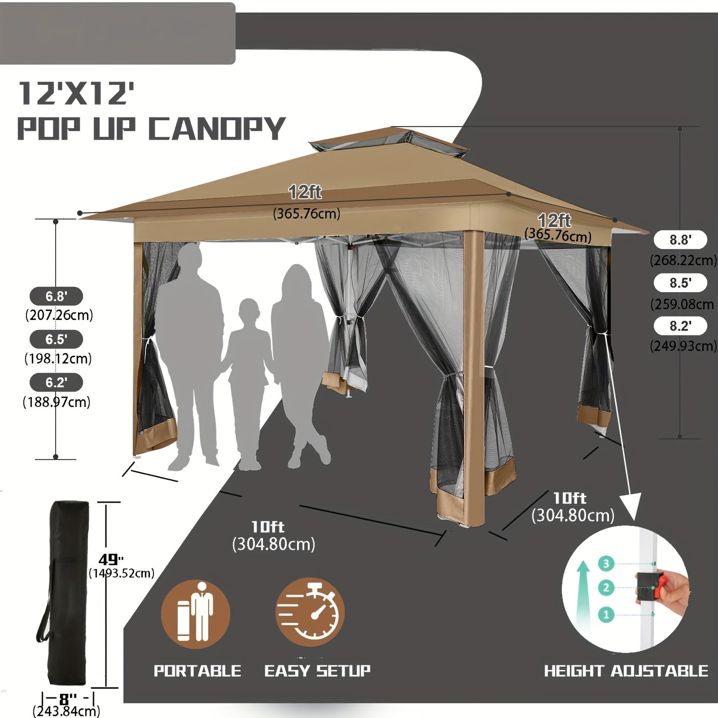 3.6*3.6m Outdoor Gazebo Pop Up Gazebo Canopy With Mosquito Netting Patio Gazebo Canopy Tent Backyard Canopy With 2-Tiered Vented Top 3 Adjustable Height And 144 Square Ft Of Shade