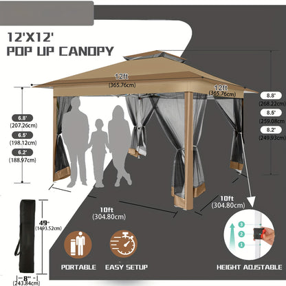 3.6*3.6m Outdoor Gazebo Pop Up Gazebo Canopy With Mosquito Netting Patio Gazebo Canopy Tent Backyard Canopy With 2-Tiered Vented Top 3 Adjustable Height And 144 Square Ft Of Shade