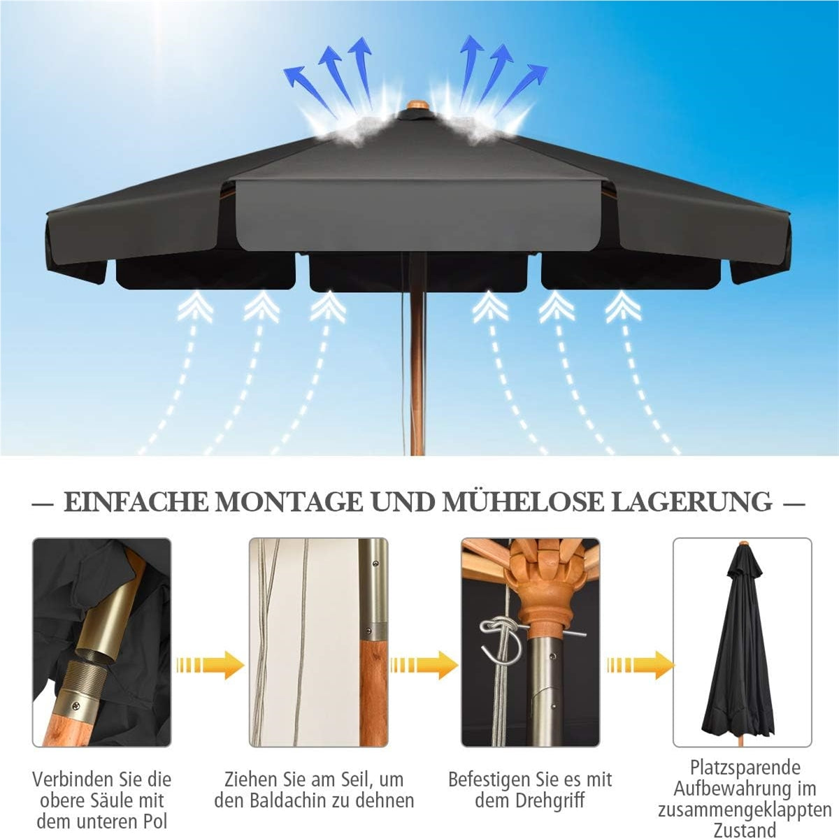 Parasol – Zonnescherm – Tuinparasol – Balkonparasol – Terrasparasol – 300 cm Diameter – Houten Frame Met UV-Bescherming – Kantelbaar 30°