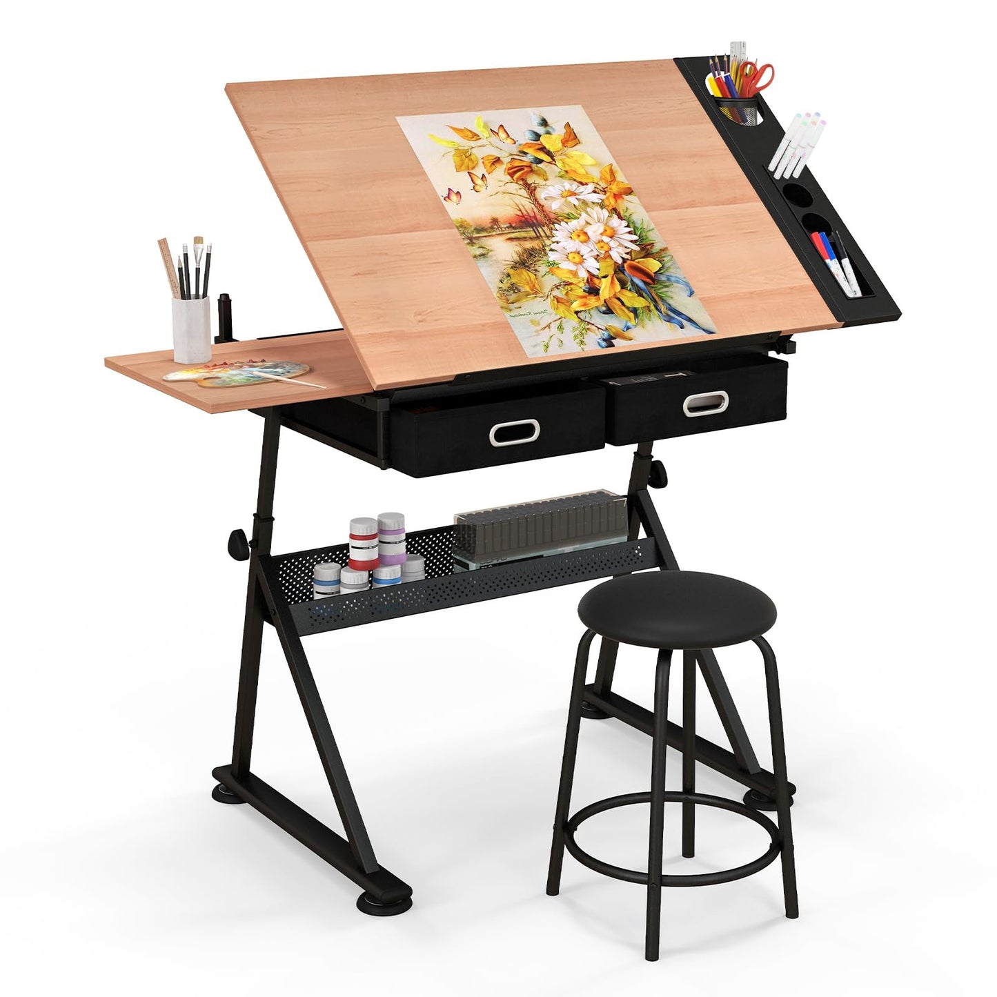 Tekentafel – Tekenbord – Tekentafel Met Kruk – Werktafel – Tekentafel Verstelbaar – Verstelbare Hoogte – Kantelbaar Tafelblad – Met Opberglades