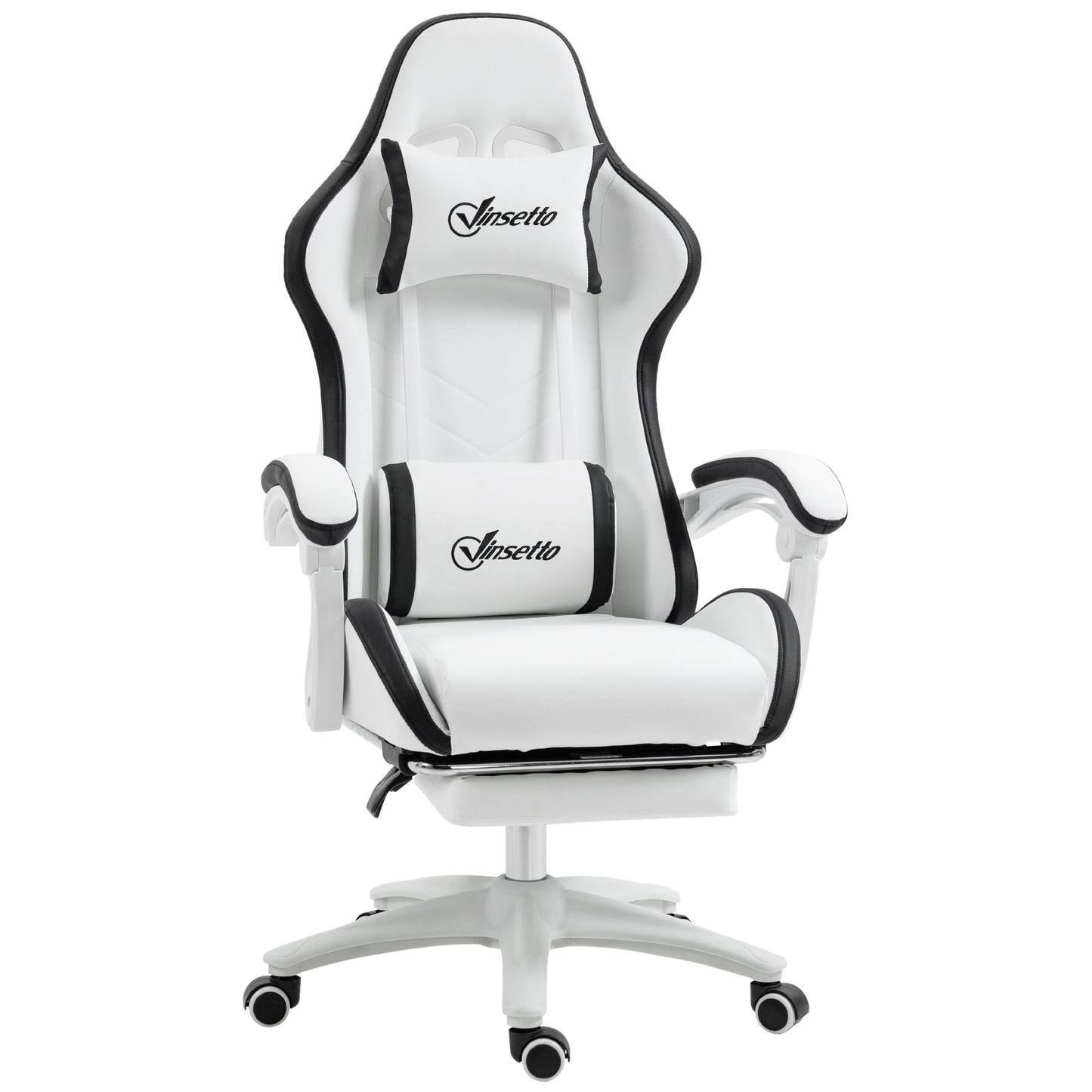 Gamingstoel – Bureaustoel – Gamechair – Zwart-Witte Stoel – Verstelbare Rugleuning 135° – Uitschuifbare Voetensteun & Hoofdkussen