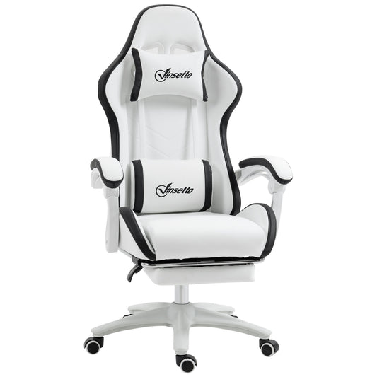 Gamingstoel – Bureaustoel – Gamechair – Zwart-Witte Stoel – Verstelbare Rugleuning 135° – Uitschuifbare Voetensteun & Hoofdkussen