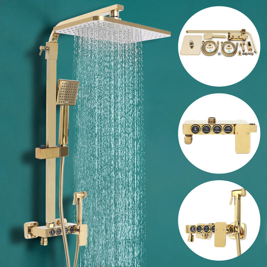 Doucheset – Regendouche – Handdouche – Badkraan – Bidetfunctie – Massief Messing – Thermostatische Mengkraan – 22,86x22,86 cm Grote Hoofddouche – Muurmontage