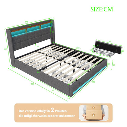Double Bed with Storage, LED Lighting, 4 Drawers, Storage Function, USB Charging, Quick Assembly, Metal And Linen Bed Frame, Classic, for Adults, Ideal for 8Mj4Txd Bedroom.