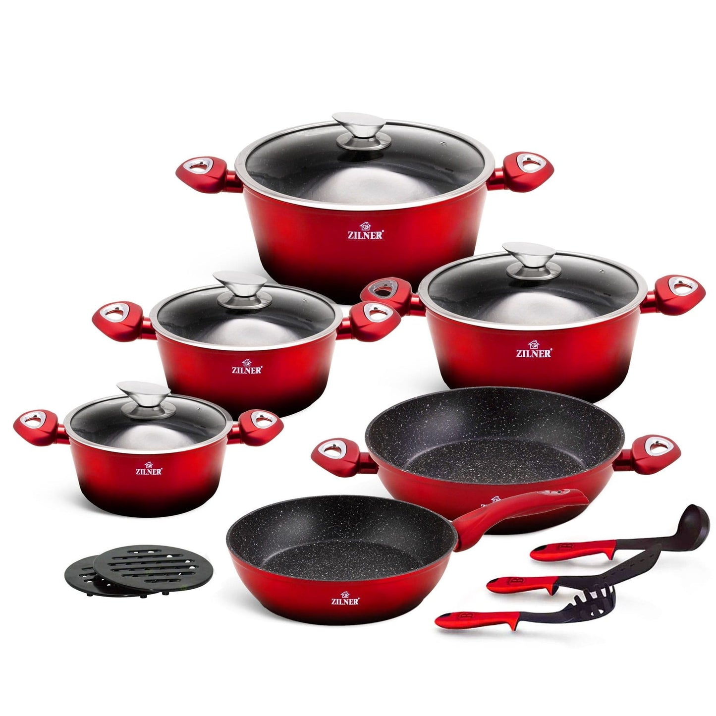 Pannenset – Kookset – Pannen Set – Koekenpannen – Potten en Pannen – Inductie Geschikt – Keramische Antiaanbaklaag – Rood – 15-delig