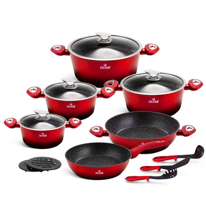 Pannenset – Kookset – Pannen Set – Koekenpannen – Potten en Pannen – Inductie Geschikt – Keramische Antiaanbaklaag – Rood – 15-delig