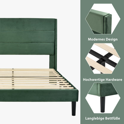 Bedbank 140x200 – Gestoffeerd Bed – Slaapbank – Tweepersoonsbed – Bedframe – Fluwelen Bekleding Donkergroen – Houten Lattenbodem – Modern Tijdloos Design