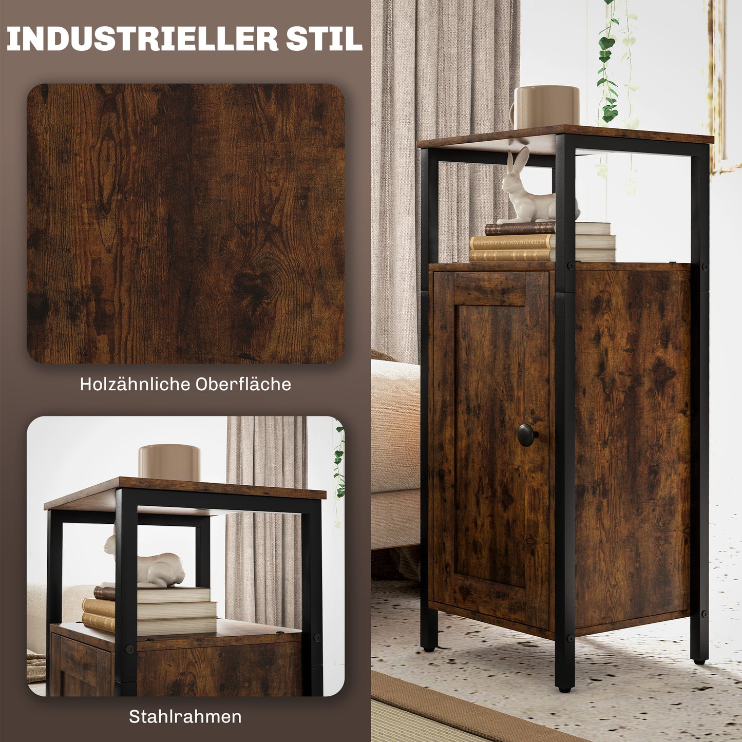 Bijzettafel – Opbergtafel – Nachttafeltje – Salontafel – Opbergkastje – Met Verstelbare Plank – Met Magnetische Deur – Industrieel Metaal Bruin