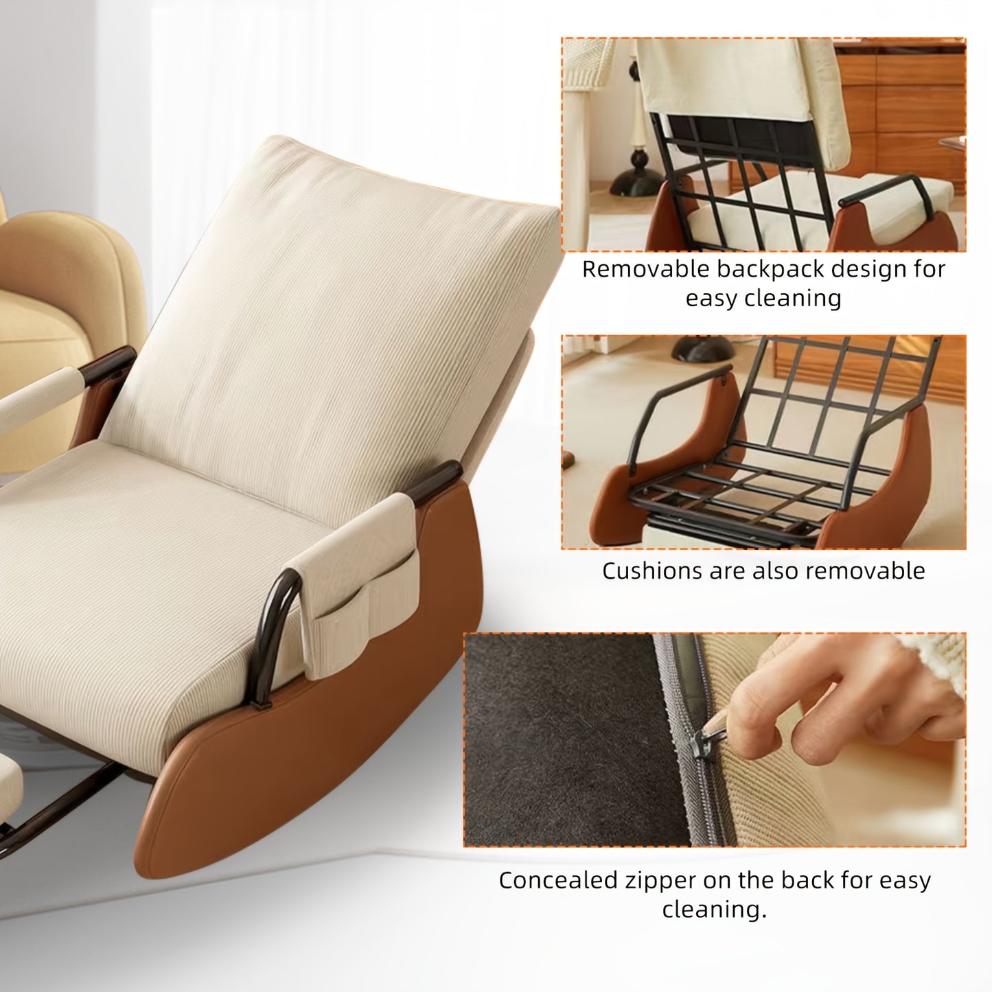 Schommelstoel – Relaxstoel – Loungechair – Fauteuil – Schommelfauteuil – Beige Bruin – Uitschuifbare Voetensteun – Ergonomisch Comfort – Duurzaam MDF Hardhout Metaal