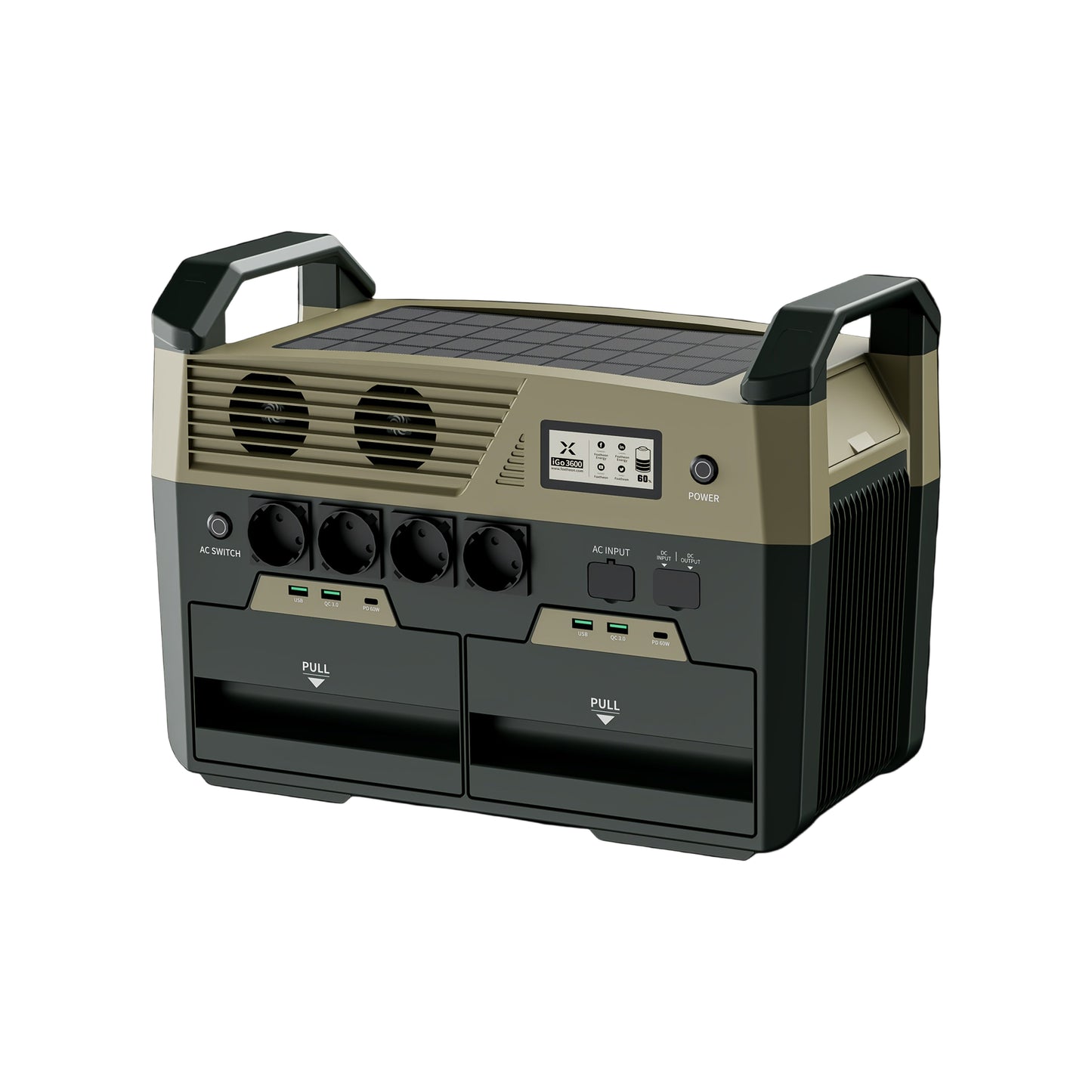 Zonnegenerator – Draagbare Generator – Powerstation – Energiecentrale – Noodstroom – 3600Wh LiFePO4 Batterij – 3200W Piekvermogen – 4 AC Uitgangen – Snel Laden – Quick-Swap Batterij