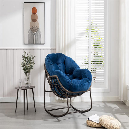 Rattan Lounge Schommelstoel – Loungestoel – Schommelstoel – Tuinstoel – Veranda Stoel – Marineblauw – Handgeweven Synthetisch Rattan – Stevig Gepoedercoat Stalen Frame