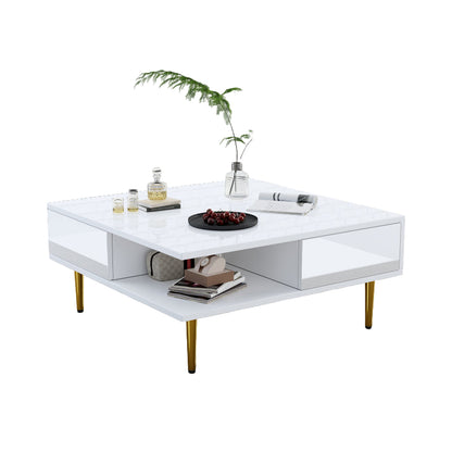 Salontafel – Koffietafel – Bijzettafel – Woonkamertafel – Tafel – Hoogglans Wit – 70x70x36 cm – Met 2 Lades en Opbergvakken – Draagvermogen 30 kg
