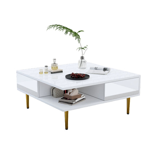 Salontafel – Koffietafel – Bijzettafel – Woonkamertafel – Tafel – Hoogglans Wit – 70x70x36 cm – Met 2 Lades en Opbergvakken – Draagvermogen 30 kg