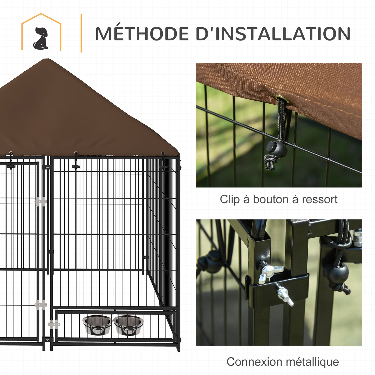 Hondenkennel – Hondenren – Hondenhok – Hondenkooi – Buitenkennel – Metalen Frame – Waterdicht Oxford Dak – 141x141x151 cm – Met Voerbakhouder