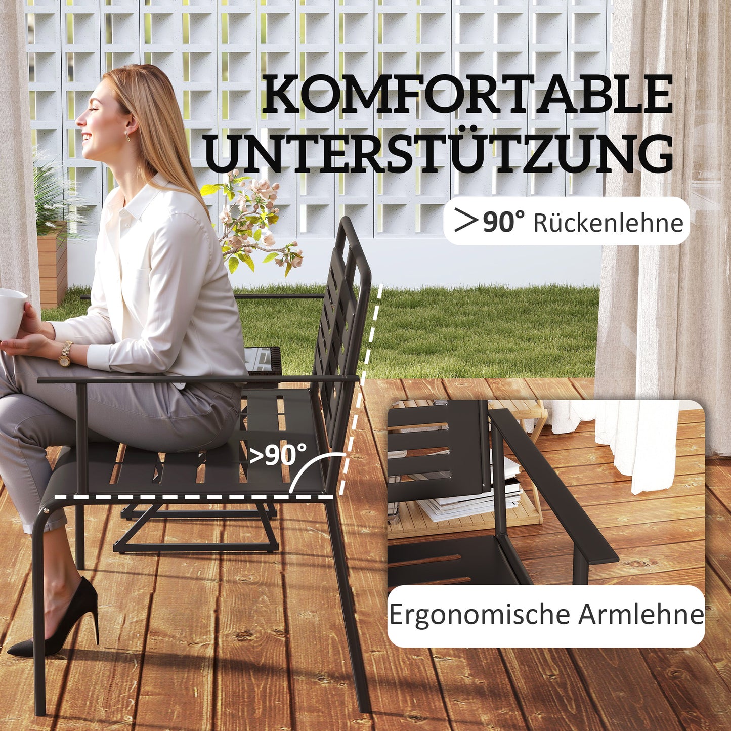 Tuinbank – Buitenbank – Tuinstoel – Parkbank – Zwarte Weerbestendige Bank – Stalen Frame – Comfortabele Armleuningen