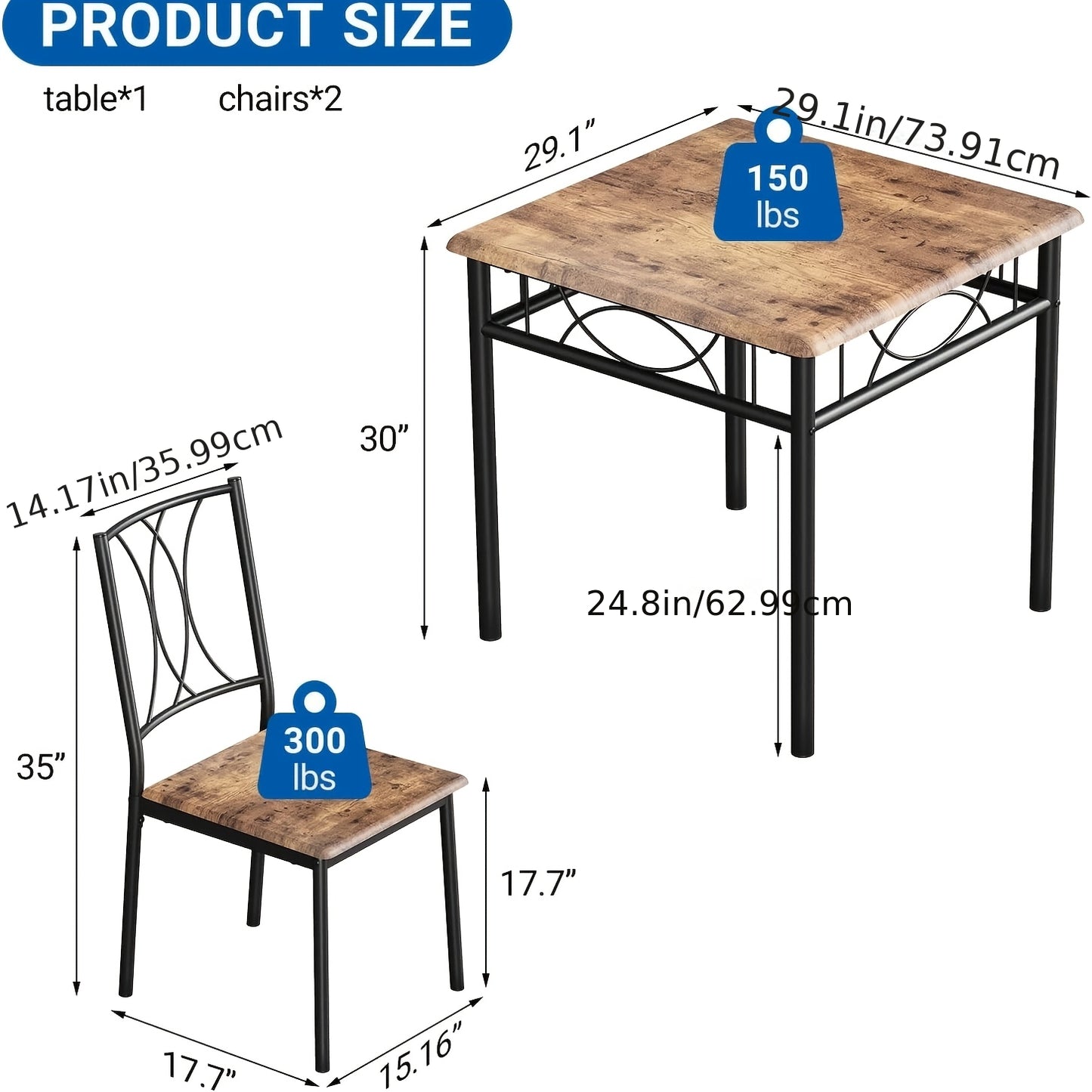 Eettafelset – Eethoek – Keukentafelset – Tafel met Stoelen – 3-delig – Compact Vintage Design – Hardhout en Metaal