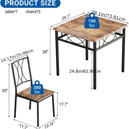 Eettafelset – Eethoek – Keukentafelset – Tafel met Stoelen – 3-delig – Compact Vintage Design – Hardhout en Metaal