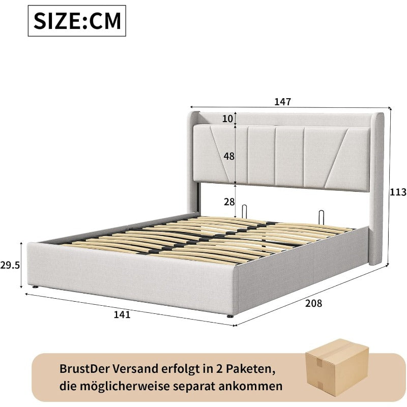 Tweepersoonsbed – Bed – Slaapbed – Opbergbed – Linnen Bed – 160x200 cm – Met Opbergruimte Onder Lattenbodem – Hoofdbord Met USB- en Type C-poorten