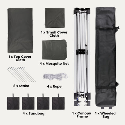 Partytent – Pop-up Tent – Paviljoen – Vouwtent – Schaduwdoek – Waterdicht – Verstelbare Hoogte – Met Muggennet – UV-Beschermend – 3,93x3,93 m – Inclusief Draagtas
