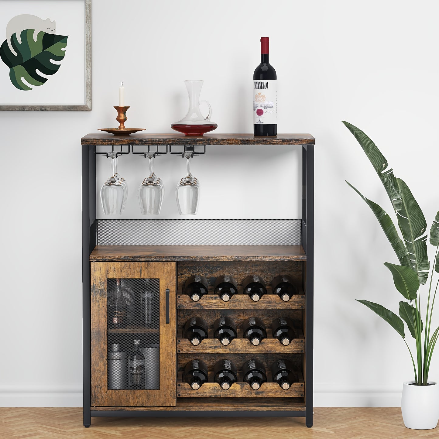 Koffiebarkast – Wijnrek – Buffetkast – Barmeubel – Opbergkast – Vrijstaand – 12 Wijnfles Houder – 9 Wijnglazen Rek – Ruim Werkblad – Mesh Deurtje Storage