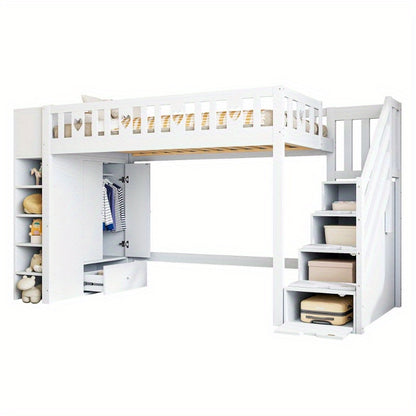 Hoogslaper – Stapelbed – Eenpersoonsbed – Opklapbed – Loftbed – Ruimtebesparend Ontwerp – 90x200 cm Wit Met Opbergladder En Planken