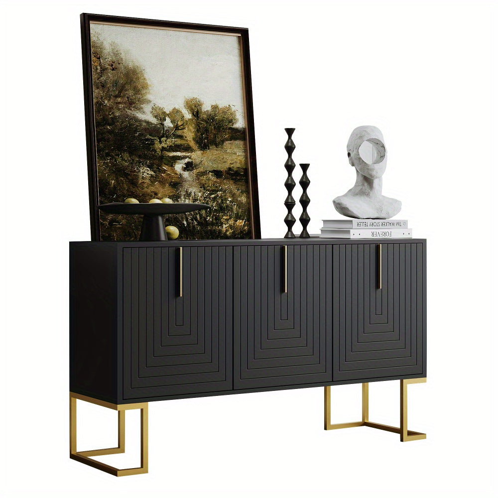 Dressoir – Sideboard – Opbergkast – Buffettafel – Ladekast – Donkergrijs Met Gouden Accenten – U-Vormige Deuren – Verstelbare Planken – Duurzaam Niet-Houten Materiaal