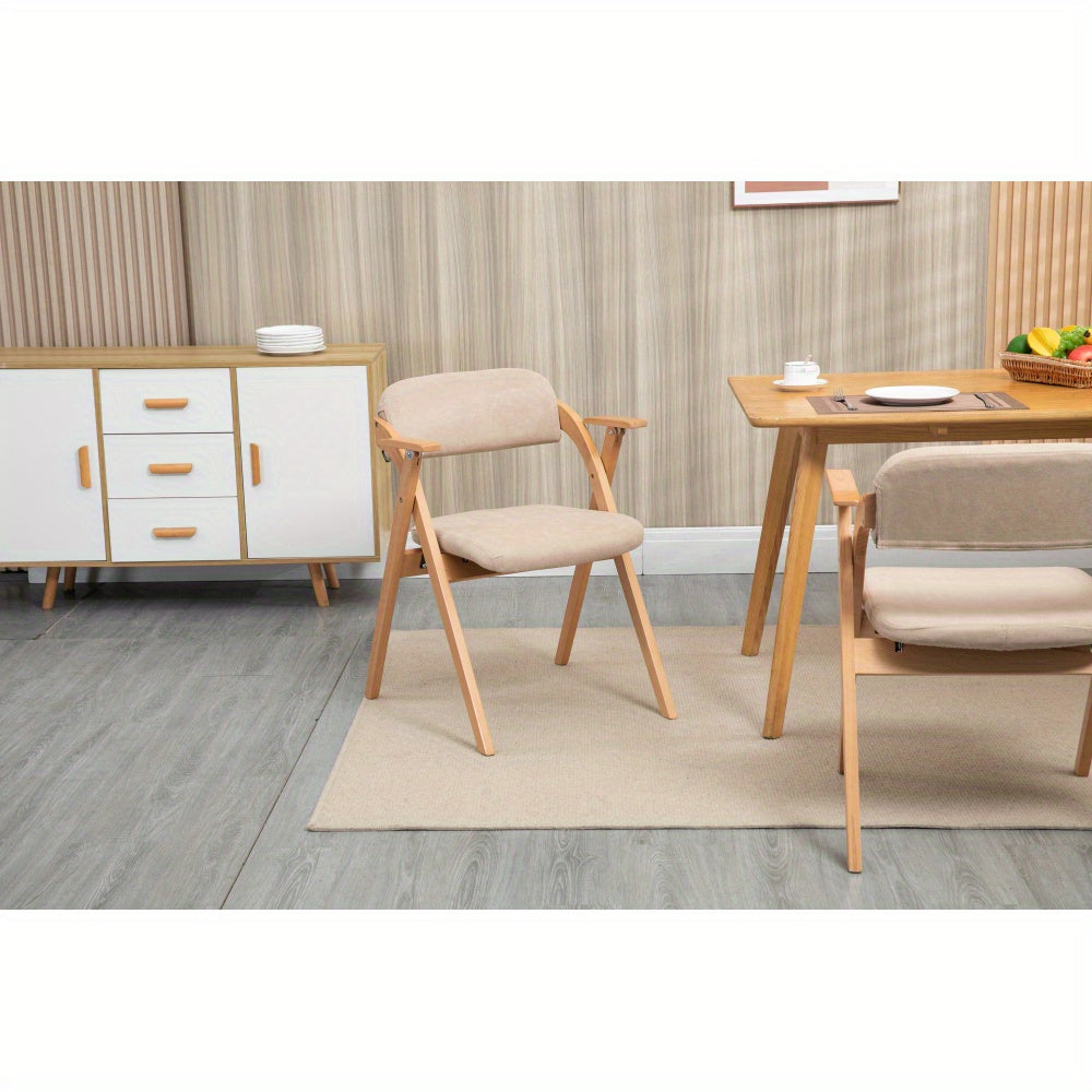 Inklapbare Stoelen – Vouwstoelen – Opvouwbare Stoelen – Stapelstoelen – Eetkamerstoelen – Houten Frame – Beige Stoffen Zitting – Met Armleuningen – Set Van 2
