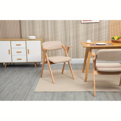 Inklapbare Stoelen – Vouwstoelen – Opvouwbare Stoelen – Stapelstoelen – Eetkamerstoelen – Houten Frame – Beige Stoffen Zitting – Met Armleuningen – Set Van 2